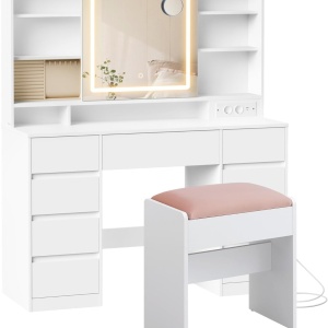 Masuta machiaj cu Oglinda LED si 9 Sertare pentru Cosmetice, Set Masa toaleta 110 cm, Alb, masuta cosmetica, vanity - SEA822 - Img 6