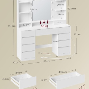 Masuta machiaj cu Oglinda LED si 9 Sertare pentru Cosmetice, Set Masa toaleta 107 cm, Alb, masuta cosmetica, vanity - SEA15 - Img 2