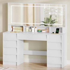 Masuta machiaj cu Oglinda LED si 9 Sertare pentru Cosmetice, Set Masa toaleta 109 cm, Alb, masuta cosmetica, vanity - SEA19 - Img 5
