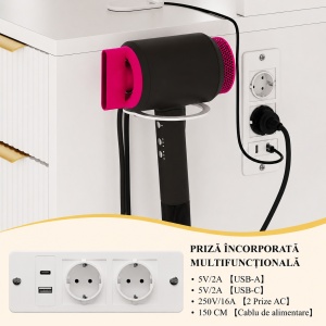 Masuta machiaj cu Oglinda LED si 9 Sertare pentru Cosmetice, Set Masa toaleta 108 cm, Alba sau Neagra cu Riflaj, masuta cosmetica cu Prize, USB, USB-C si Suport Uscator de Par, Suport Bijuterii vanity - SEA202 - Img 9