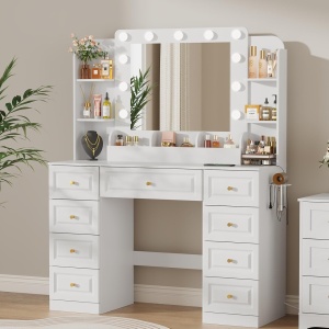Masuta machiaj cu Oglinda LED si 9 Sertare pentru Cosmetice, Set Masa toaleta 107 cm, Alb, masuta cosmetica cu Priza, USB si USB-C, vanity - SEA205