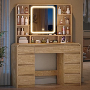 Masuta machiaj cu Oglinda LED si 9 Sertare pentru Cosmetice, Set Masa toaleta 108 cm, cu Priza si USB, masuta cosmetica Maro, vanity cu Rafturi - SEM1 - Img 2