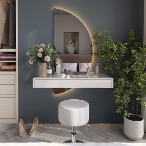 Masuta machiaj cu Oglinda Semiluna LED si 1 Sertar pentru Cosmetice, Set Masa toaleta 80 / 100 / 120 cm, Alb Lucios, masuta vanity, cosmetica - SEA838