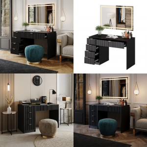 Masuta machiaj neagra cu Oglinda LED si 5 Sertare pentru Cosmetice, Set Masa toaleta 120 cm, masuta vanity cu Riflaj, cosmetica- SEN250 - Img 3