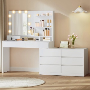Masuta machiaj pentru Colt cu Oglinda LED si 8 Sertare pentru Cosmetice, Set Masa toaleta Alba, masuta cosmetica, vanity cu Priza si USB - SEA16
