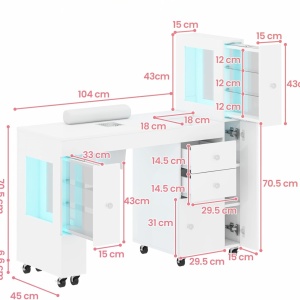 Masuta manichiura alba, 120 cm, birou, masa cosmetica pentru salon cu Aspirator Incorporat, Pernita, Sertare, Dulapuri si Rafturi - MANIA207 - Img 3