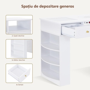 Masuta manichiura alba, 120 cm, cu aspirator incorporat, 3 Prize, 4 Sertare, masa cosmetica cu Rafturi - MANIA205 - Img 5