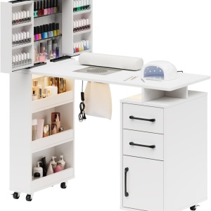 Masuta manichiura Alba / Roz / Neagra, 108 cm, birou cu LED, masa cosmetica pentru salon cu Aspirator Incorporat, Pernita si Rafturi deschise - MANIA216 - Img 4