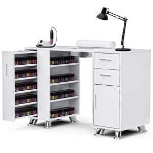 Masuta manichiura Alba / Roz / Neagra, 108 cm, birou, masa cosmetica pentru salon cu Aspirator Incorporat, Pernita, Sertare si Dulap - MANIA209 - Img 5
