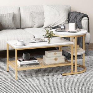 MCAU19 - Set 2 masute de cafea 80 cm si 52 cm, mese pentru living - Alb - Negru / Auriu