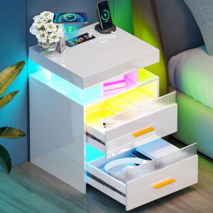 NOA237 - Set 2x Noptiere Alb Lucios, 45 cm, cu 2 sertare si raft, cu LED, USB, Incarcare Wireless, pentru dormitor - Alb-Auriu - Img 2