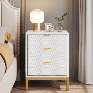 NOA70 - Set 2x Noptiere 50 cm, cu 3 sertare, dormitor - Alb - Auriu - Img 2