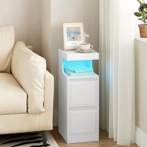 NOA79 - Set 2 Noptiere, 24 cm, foarte inguste, cu LED, 2 Sertare si Raft - Alb - Img 3