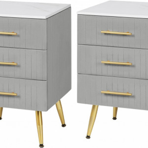 NOG205 - Set 2 Noptiere, 41 cm, cu 3 sertare pentru dormitor - Gri - Auriu - Img 6