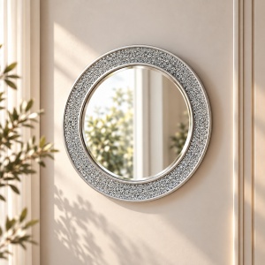 OGG104 - Oglinda rotunda 60 cm, pentru perete dormitor/living/baie - Rama Argintie
