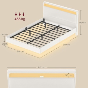PAA2 - Pat tapitat, 140 / 160 x 200 cm cu USB, USB-C, LED, si Raft - Alb Piele Ecologica - Img 3