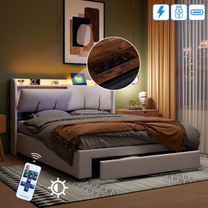 PAC2 - Pat tapitat catifea, 140 / 160 x 200 cm cu Priza, USB, USB-C, LED, Sertar, Somiera Hidraulica, Spatiu depozitare si Raft - Alb (crem) - Img 5