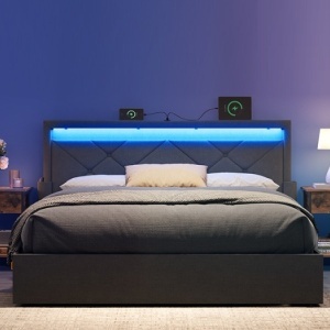 PAG2 - Pat tapitat, 140 sau 160 x 200 cm, cu 4 Sertare, LED, USB si USB-C, Organizatoare Carti - Gri - Img 11