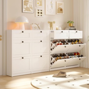 PANA31 - Pantofar 105cm ingust, 4 compartimente si 2 sertare, pantofare, depozitare pantofi, mobilier hol - Alb / Negru - Img 7