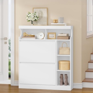 PANA34 - Pantofar 95 cm ingust, 2 compartimente si Rafturi, pantofare, depozitare pantofi, mobilier hol - Alb