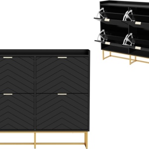 PANN5 - Pantofar 100 cm ingust, 4 compartimente, pantofare, depozitare pantofi, mobilier hol - Negru / Albastru / Gri - Auriu - Img 4