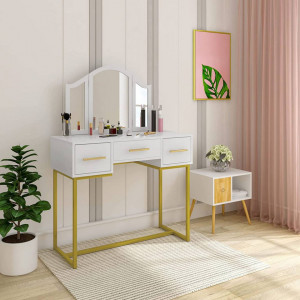 SEA368 - Set Masa toaleta, 90 cm, cosmetica machiaj, oglinda, masuta vanity - Alb-Auriu