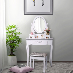 SEA607 - Set Masa toaleta, 72 cm, consola cosmetica machiaj masuta vanity make-up cu oglinda si scaun tapitat- Alb