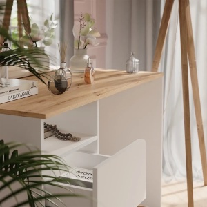 SEA913 - Set masă toaletă 110 cm pentru machiaj cu oglindă LED, opțiune cu sau fără scaun – Design modern și funcțional - Alb - Culoarea Stejar - Img 4