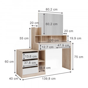 SEM237 - Set Masa toaleta, 140 cm, cosmetica machiaj, oglinda cu sau fara LED, masuta vanity cu sau fara scaun - Alb - Maro - Img 7