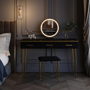 SEN240 - Set Masa toaleta, 100 cm, cosmetica machiaj, oglinda cu LED, masuta vanity, scaun tapitat - Negru-Auriu
