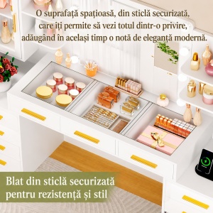 Set Masa toaleta alba 160 cm, cu Priza si USB, cosmetica, machiaj, oglinda cu LED, masuta vanity cu Blat de Sticla, make-up - SEA437 - Img 7