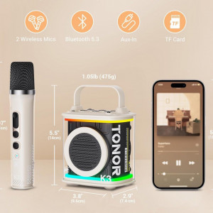 CADC14 - Set Sistem Mini Karaoke si 2 Mini Microfoane, Jucarii copii, Cadou pentru Craciun, Petreceri in familie - Bej - Img 5