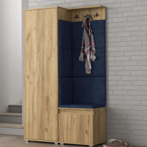 CUI514 - Cuier 104x37x177 cm - 3 agatatori haine, hol, pantofar - Stejar, tapiterie Turcoaz/Gri/Albastru - Img 4