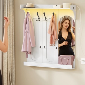 Cuier de perete alb cu LED, 92 cm, cu 10 agatatori haine, cu Oglinda si Raft - CUIA4 - Img 8