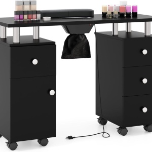 MANIA4 - Masuta manichiura, 108 cm, masa cosmetica cu Aspirator incorporat, pernita - Alb / Negru / Roz - Img 3
