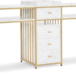 MANIAU206 - Masuta manichiura dubla, birou dublu, 200 cm, masa cosmetica pentru salon - Alb imitatie de marmura - Auriu - Img 10