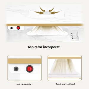MANIAU208 - Masuta manichiura, 112 cm, cu Aspirator Incorporat cu 2 Saci, 3x Prize, masa cosmetica - Alb cu Imitatie de marmura - Auriu - Img 6