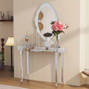 Masa toaleta oglinda, masuta consola, 120 cm, cosmetica machiaj, vanity birou, Argintiu - MAOG3 - Img 6