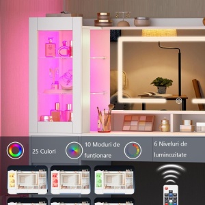 Masuta de machiaj 140 cm, cu Oglinda LED si 10 Sertare pentru Cosmetice, Set Masa toaleta Alba, masuta cosmetica, vanity cu dulapior si rafturi - SEA20 - Img 11