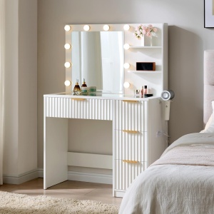 Masuta machiaj 92 cm, Alba sau Maro cu Oglinda LED si 4 Sertare pentru Cosmetice, Set Masa toaleta cu 2 Prize, USB si USB-C, masuta cosmetica, vanity cu Riflaj si Rafturi - SEM26
