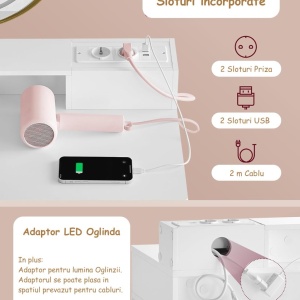 Masuta machiaj alba cu Oglinda LED si 2 Sertare pentru Cosmetice, Set Masa toaleta 80 cm sau 100 cm, masuta cosmetica cu Riflaj, vanity - SEA801 - Img 4