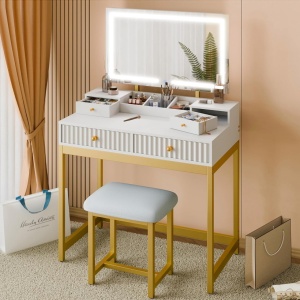 Masuta machiaj alba cu Oglinda LED si 4 Sertare pentru Cosmetice, Set Masa toaleta 80 cm, masuta cosmetica cu Riflaj, vanity - SEA826