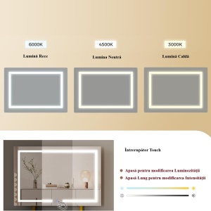 Masuta machiaj alba cu Oglinda LED si 4 Sertare pentru Cosmetice, Set Masa toaleta 80 cm, masuta cosmetica cu Riflaj, vanity - SEA826 - Img 6