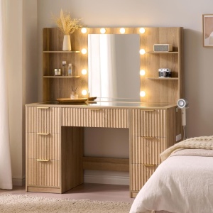 Masuta machiaj Alba sau Maro cu Oglinda LED si 7 Sertare pentru Cosmetice, Set Masa toaleta 120 cm, cu 2 Prize, USB si USB-C, masuta cosmetica, vanity cu Riflaj si Rafturi - SEM25