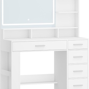 Masuta machiaj cu Oglinda HD LED si 5 Sertare pentru Cosmetice, Set Masa toaleta 108 cm, Alb, masuta cosmetica, vanity - SEA13 - Img 2