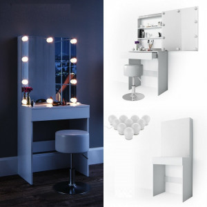 Masuta machiaj cu Oglinda LED si 1 Sertar pentru Cosmetice, Alb, masuta cosmetica, vanity - SEA262