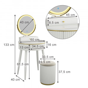 Masuta machiaj cu Oglinda LED si 1 Sertar pentru Cosmetice, Set Masa toaleta 60 cm, Alb, masuta vanity cu Riflaj, cosmetica - SEA459 - Img 6