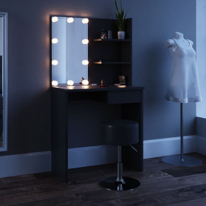 Masuta machiaj cu Oglinda LED si 1 Sertar pentru Cosmetice, Set Masa toaleta 75 cm, Negru, masuta cosmetica, vanity - SEN224