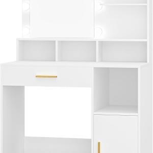 Masuta machiaj cu Oglinda LED si 1 Sertar pentru Cosmetice, Set Masa toaleta 80 cm, Alb / Negru / Gri, masuta cosmetica, vanity - SEG19 - Img 3