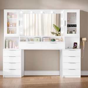 Masuta machiaj cu Oglinda LED si 10 Sertare pentru Cosmetice, Set Masa toaleta 150 cm, Alb, masuta cosmetica cu Priza si USB, vanity cu Suport Uscator de Par si Dulapior Bijuterii - SEA10 - Img 2